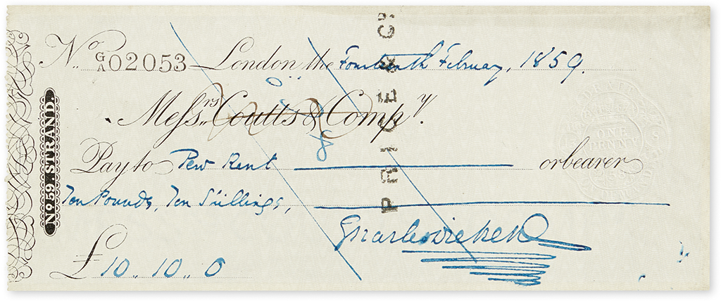 DICKENS, CHARLES. Check accomplished and Signed, to Pew Rent in the amount of £10.10.0.